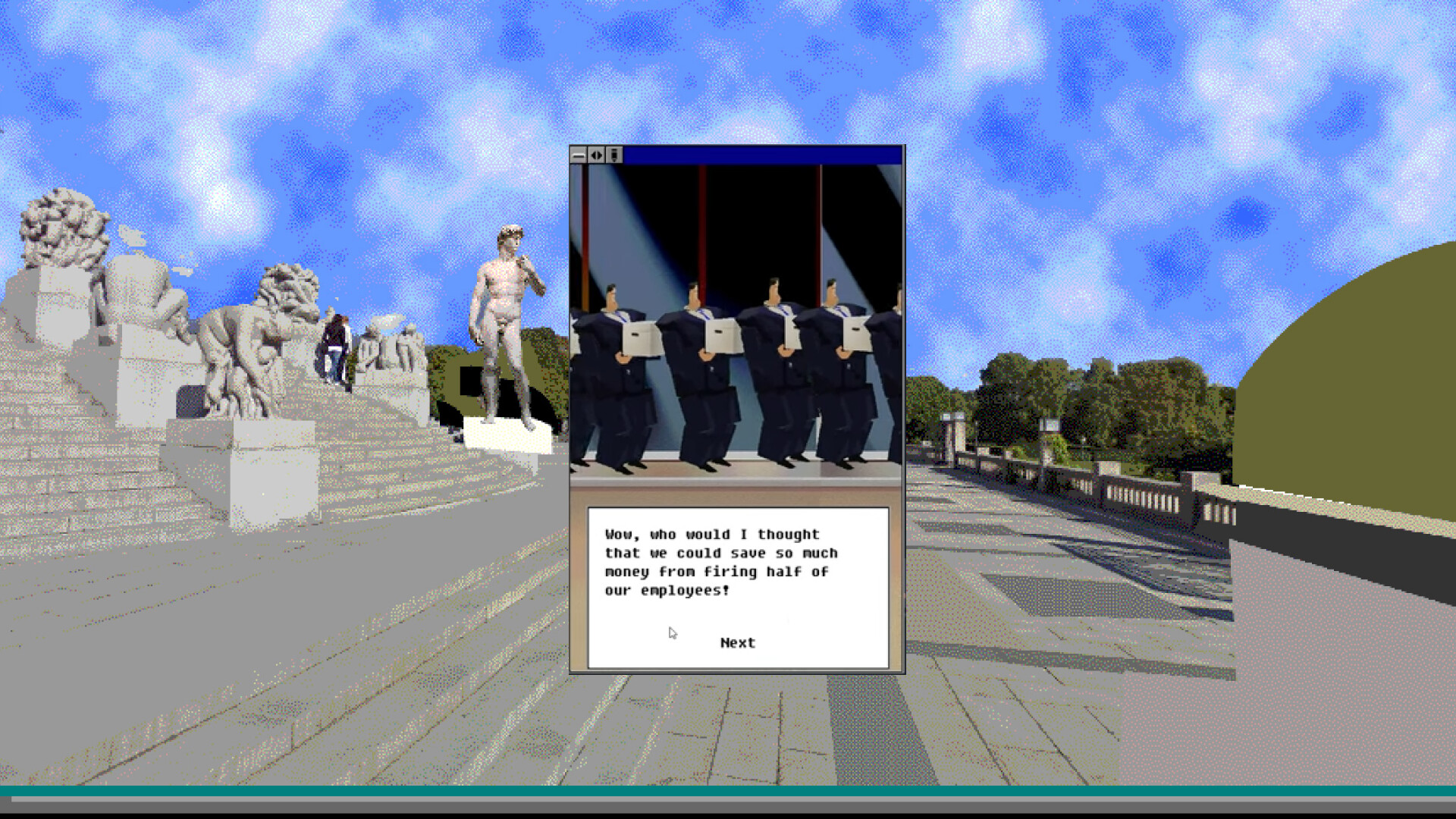 A screenshot from SpreadCheat showing a small computer window on a desktop. There's a group of suited men carrying boxes with the text: Wow, who would of thought that we could save mch money from firing half of our employees!